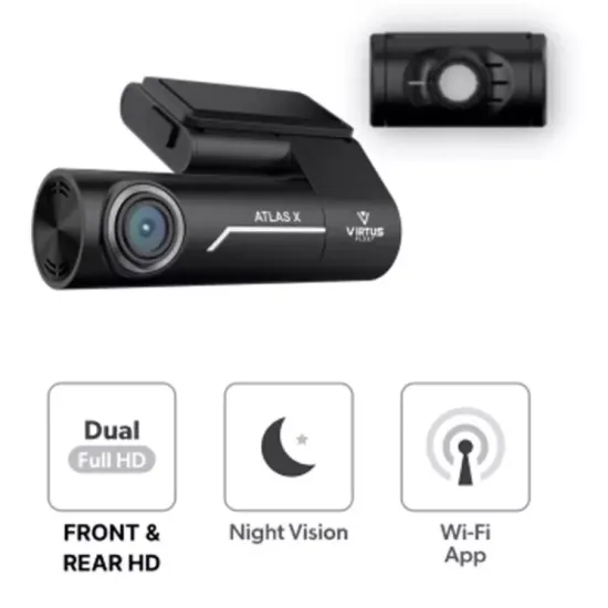 Atlas X - 2 Chanel Front & Rear Camera - 1080P Wifi Mobile View - Built in G sensor - Hardwire Loom