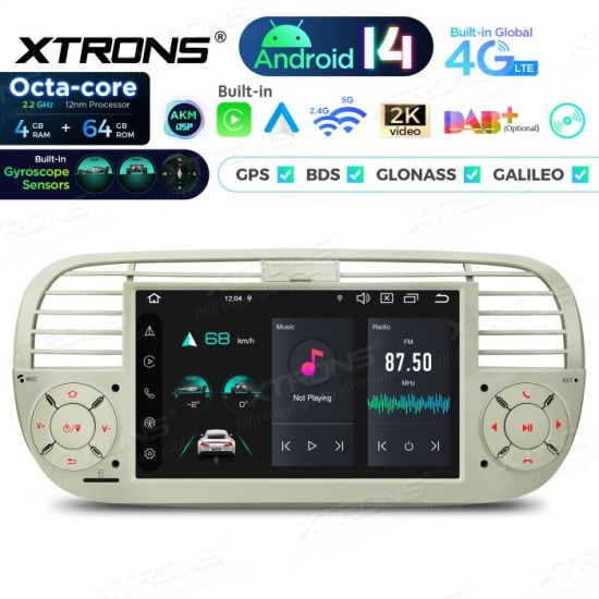Upgrade 7'' Android 14 Car Stereo for Fiat 500 Cream Octa Core 4+64 Built-in AKM DSP,CP,AA 4G,gyroscope, compass image
