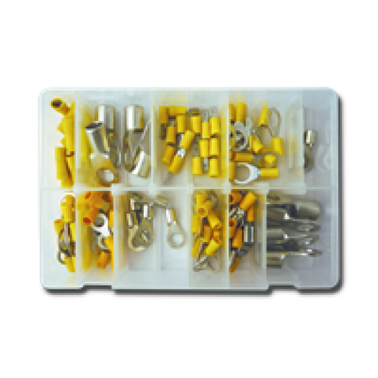 Description Female spade terminals 6.3/9.5mm Fully insulated female spade terminals 6.3/9.5mm Male blade terminals 6.3mm Standard butt connectors Ring terminals 5.3/6.4/8.4/10.5/13mm Specification Box quantity: 110 Pcs Auto Electrical Consumables & Supplies image